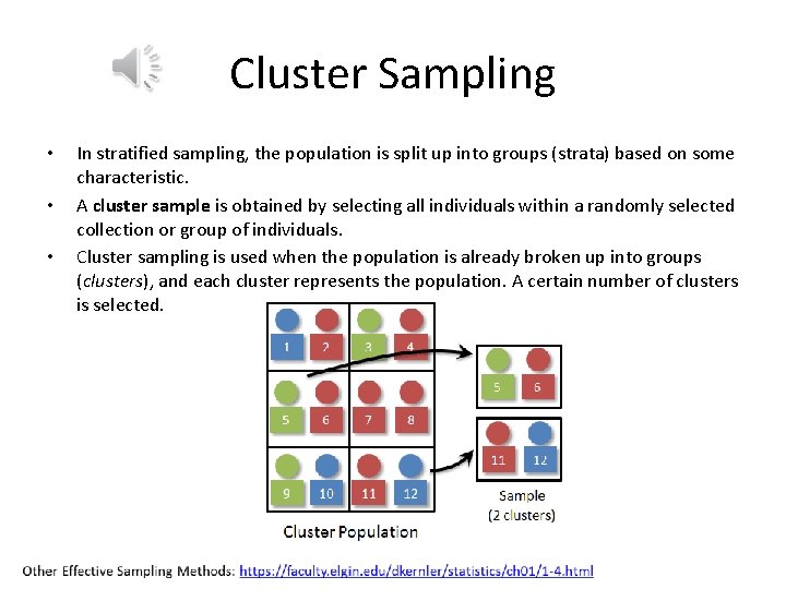 Cluster Sampling • • • In stratified sampling, the population is split up into