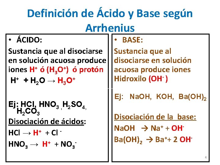 Definición de Ácido y Base según Arrhenius • ÁCIDO: Sustancia que al disociarse en