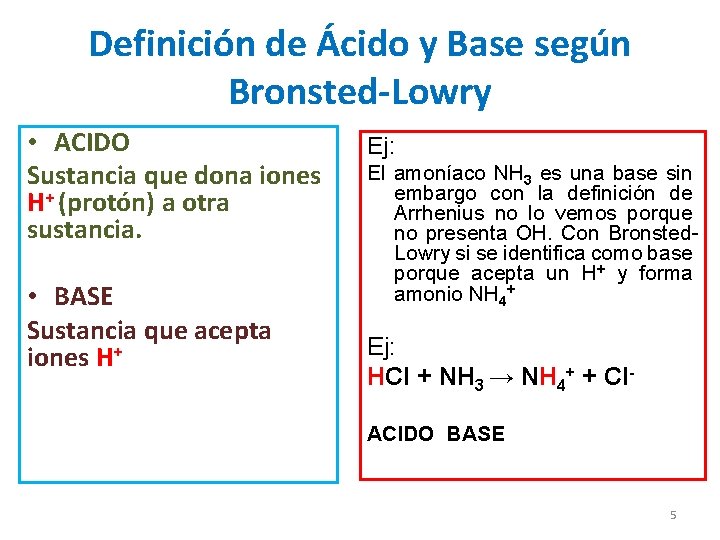 Definición de Ácido y Base según Bronsted-Lowry • ACIDO Sustancia que dona iones H+