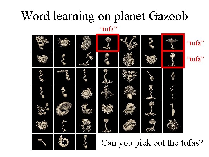 Word learning on planet Gazoob “tufa” Can you pick out the tufas? 