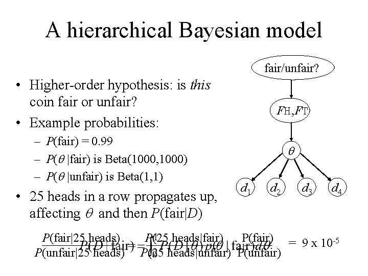 A hierarchical Bayesian model fair/unfair? • Higher-order hypothesis: is this coin fair or unfair?