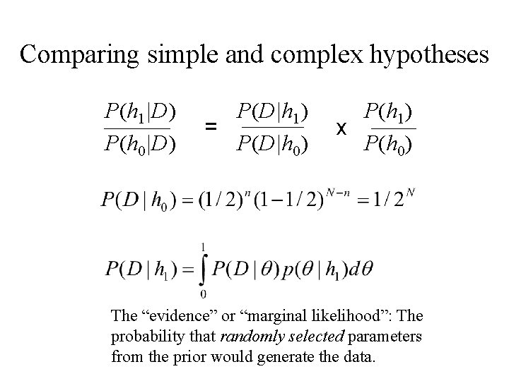 Comparing simple and complex hypotheses P(h 1|D) P(h 0|D) P(D|h 1) = P(D|h 0)