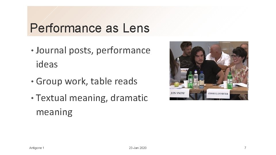 Performance as Lens • Journal posts, performance ideas • Group work, table reads •