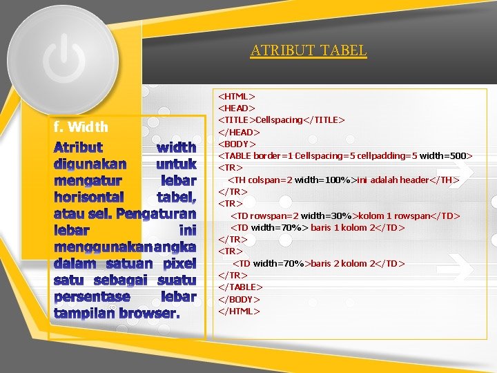 ATRIBUT TABEL f. Width <HTML> <HEAD> <TITLE>Cellspacing</TITLE> </HEAD> <BODY> <TABLE border=1 Cellspacing=5 cellpadding=5 width=500>