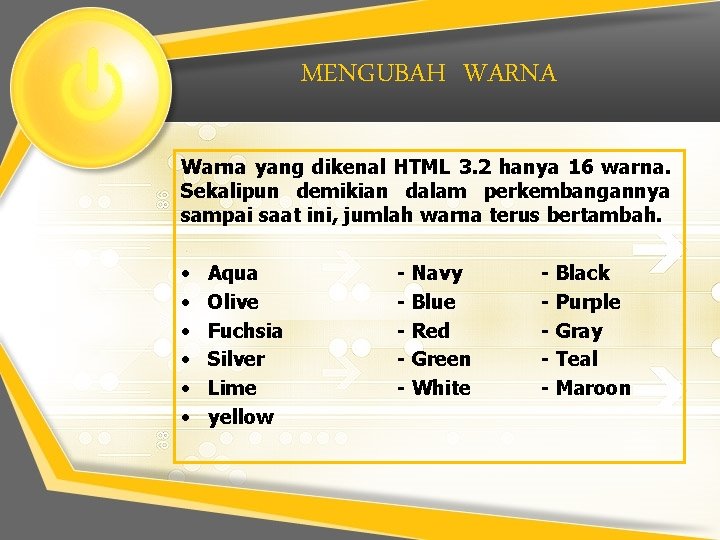 MENGUBAH WARNA Warna yang dikenal HTML 3. 2 hanya 16 warna. Sekalipun demikian dalam