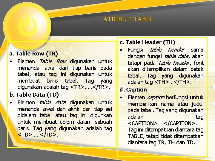 ATRIBUT TABEL a. Table Row (TR) • Elemen Table Row digunakan untuk menandai awal