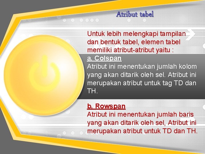 Atribut tabel Untuk lebih melengkapi tampilan dan bentuk tabel, elemen tabel memiliki atribut-atribut yaitu