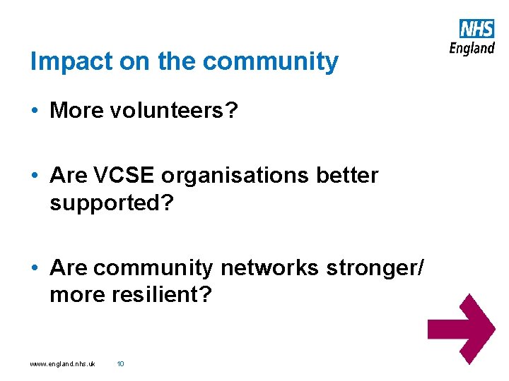 Impact on the community • More volunteers? • Are VCSE organisations better supported? •