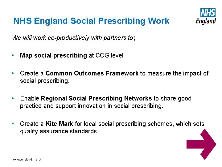 NHS England Social Prescribing Work We will work co-productively with partners to; • Map