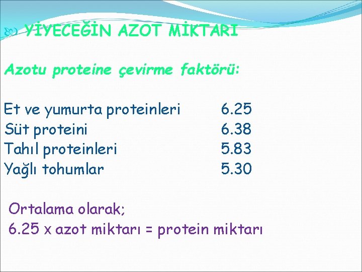  YİYECEĞİN AZOT MİKTARI Azotu proteine çevirme faktörü: Et ve yumurta proteinleri 6. 25