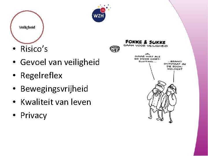 Veiligheid • • • Risico’s Gevoel van veiligheid Regelreflex Bewegingsvrijheid Kwaliteit van leven Privacy