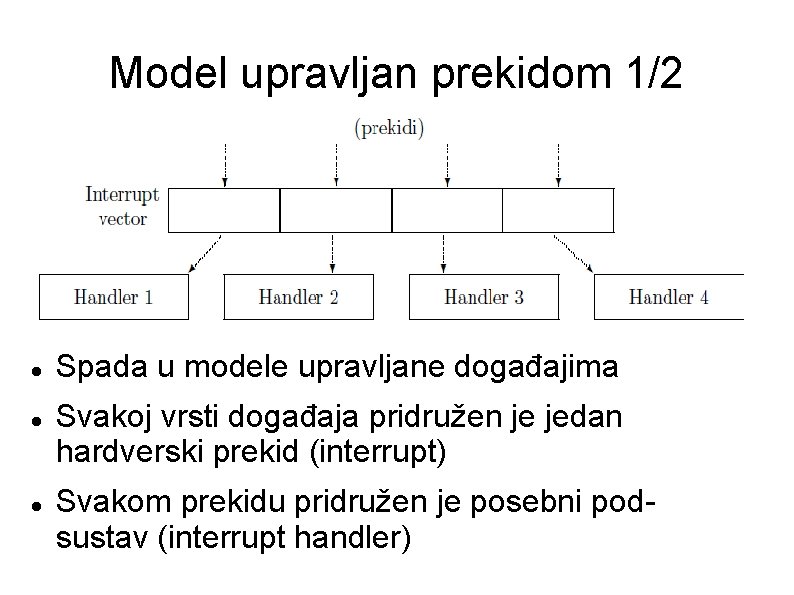 Model upravljan prekidom 1/2 Spada u modele upravljane događajima Svakoj vrsti događaja pridružen je