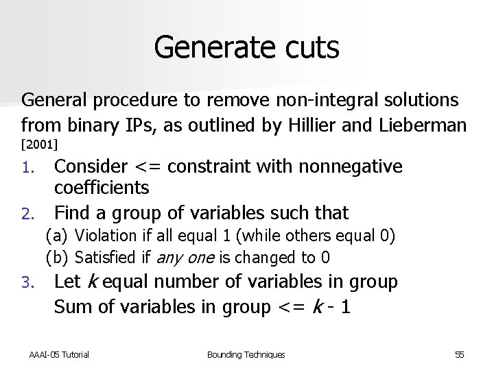 Generate cuts General procedure to remove non-integral solutions from binary IPs, as outlined by