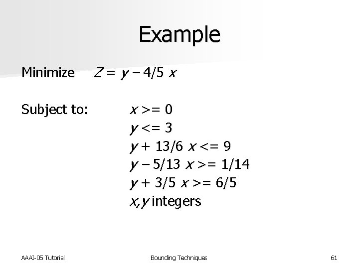Example Minimize Z = y – 4/5 x Subject to: AAAI-05 Tutorial x >=