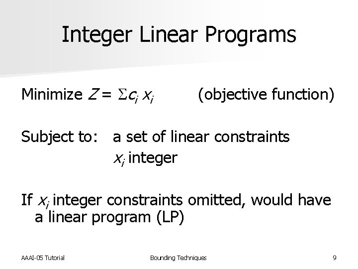 Integer Linear Programs Minimize Z = Sci xi (objective function) Subject to: a set