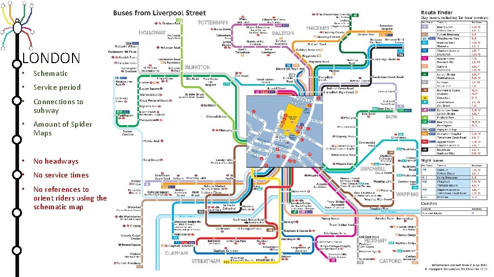 LONDON • Schematic • Service period • Connections to subway • Amount of Spider
