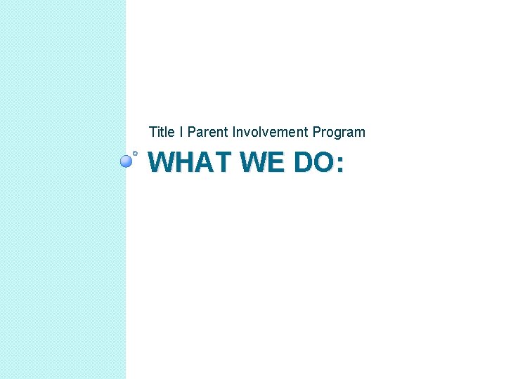 Title I Parent Involvement Program WHAT WE DO: 