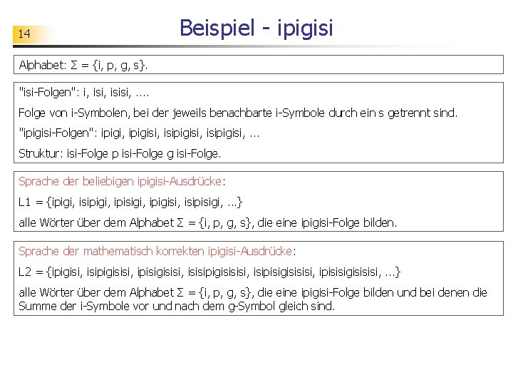 14 Beispiel - ipigisi Alphabet: Σ = {i, p, g, s}. "isi-Folgen": i, isisi,