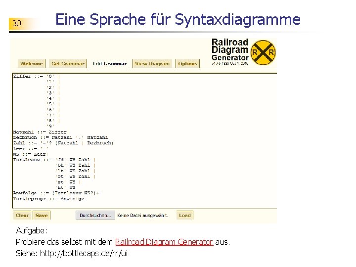 30 Eine Sprache für Syntaxdiagramme Aufgabe: Probiere das selbst mit dem Railroad Diagram Generator