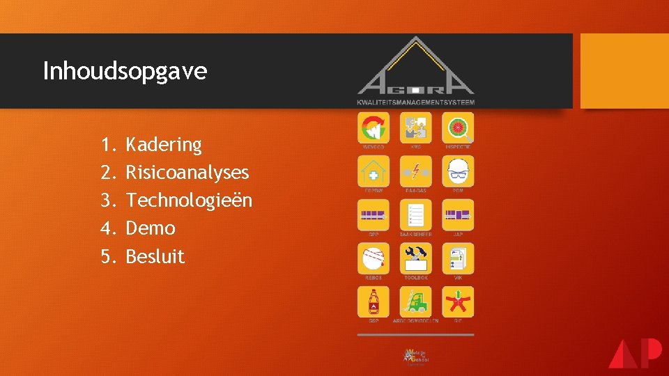 Inhoudsopgave 1. 2. 3. 4. 5. Kadering Risicoanalyses Technologieën Demo Besluit 