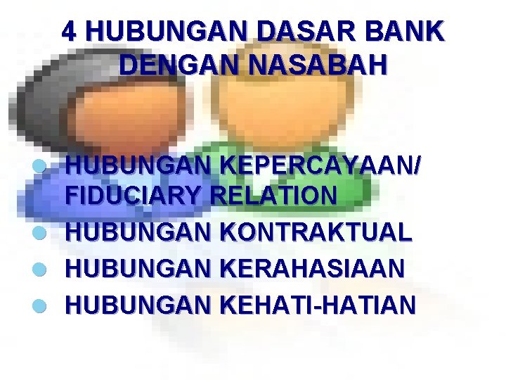 4 HUBUNGAN DASAR BANK DENGAN NASABAH l HUBUNGAN KEPERCAYAAN/ FIDUCIARY RELATION l HUBUNGAN KONTRAKTUAL