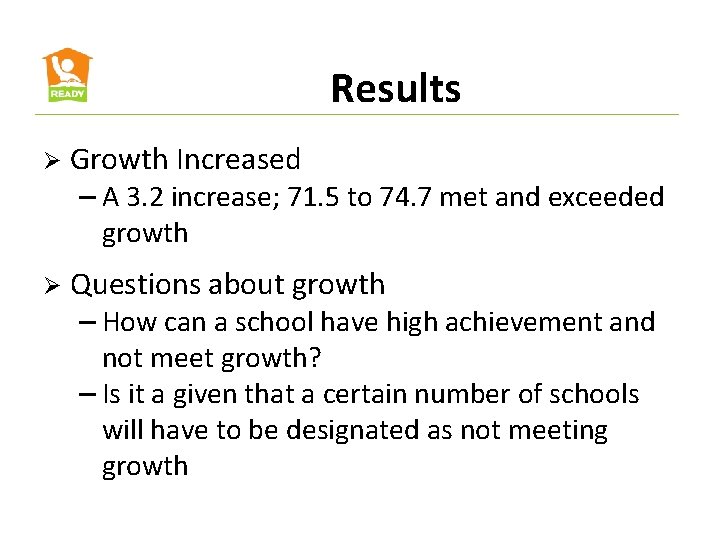 Results Ø Growth Increased – A 3. 2 increase; 71. 5 to 74. 7