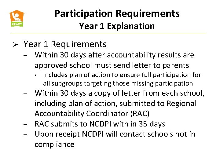 Participation Requirements Year 1 Explanation Ø Year 1 Requirements – Within 30 days after