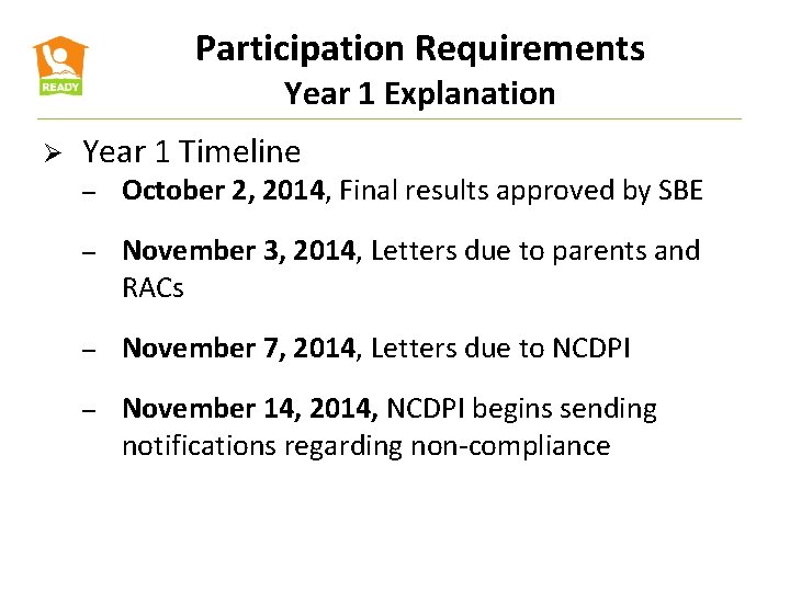 Participation Requirements Year 1 Explanation Ø Year 1 Timeline – October 2, 2014, Final