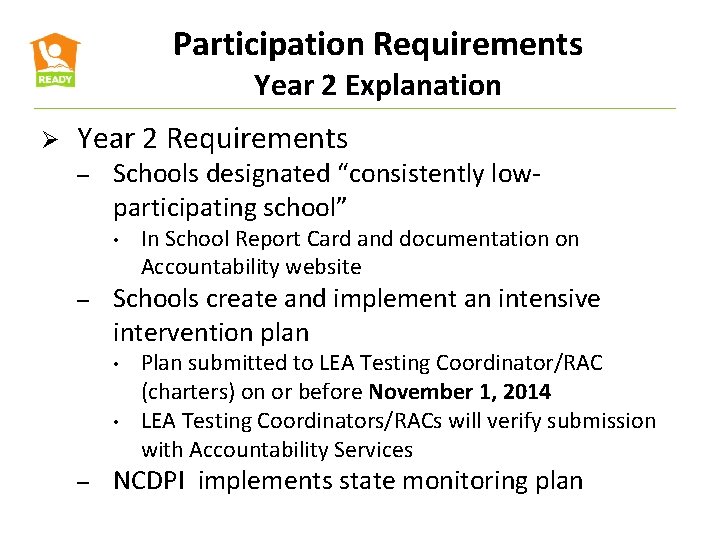 Participation Requirements Year 2 Explanation Ø Year 2 Requirements – Schools designated “consistently lowparticipating