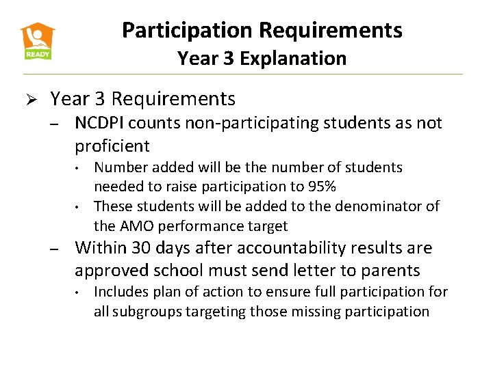 Participation Requirements Year 3 Explanation Ø Year 3 Requirements – NCDPI counts non-participating students