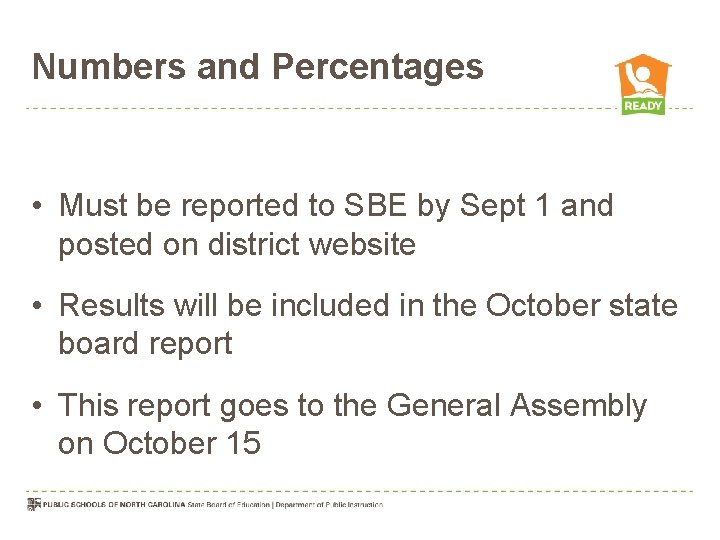 Numbers and Percentages • Must be reported to SBE by Sept 1 and posted