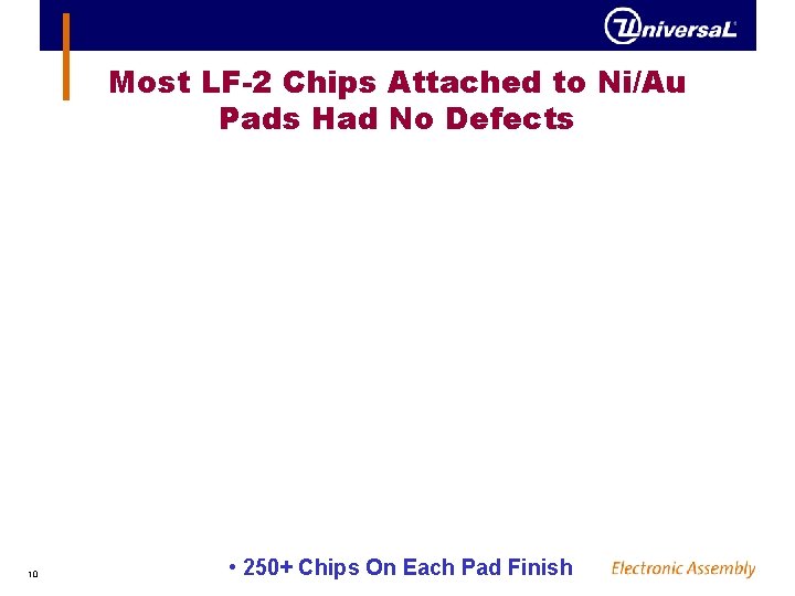 Most LF-2 Chips Attached to Ni/Au Pads Had No Defects 10 • 250+ Chips