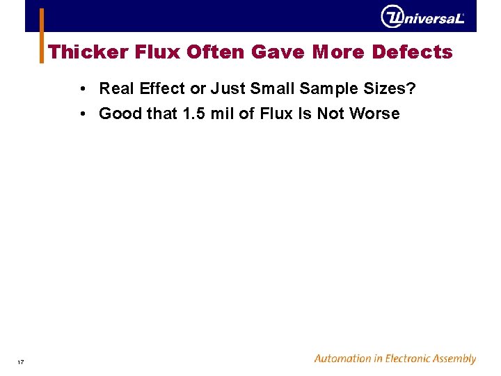 Thicker Flux Often Gave More Defects • Real Effect or Just Small Sample Sizes?