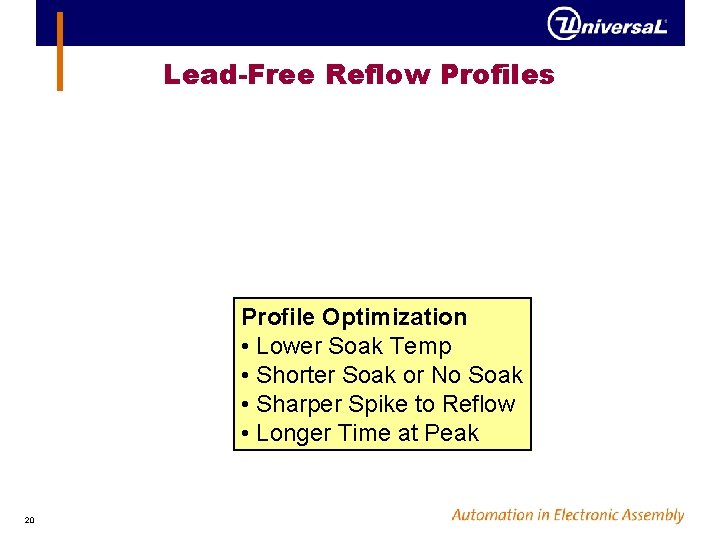 Lead-Free Reflow Profiles Profile Optimization • Lower Soak Temp • Shorter Soak or No