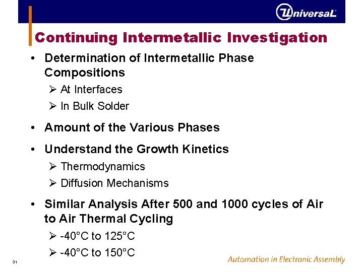 Continuing Intermetallic Investigation • Determination of Intermetallic Phase Compositions Ø At Interfaces Ø In
