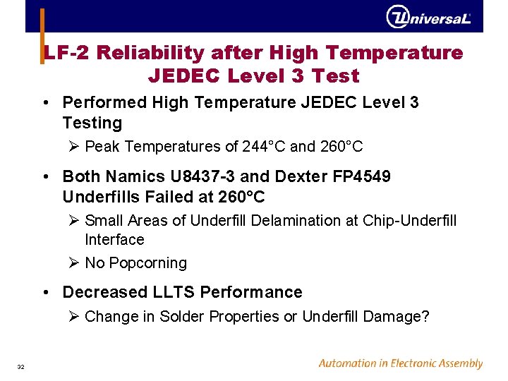 LF-2 Reliability after High Temperature JEDEC Level 3 Test • Performed High Temperature JEDEC