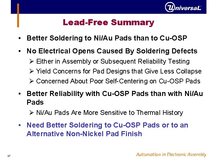 Lead-Free Summary • Better Soldering to Ni/Au Pads than to Cu-OSP • No Electrical