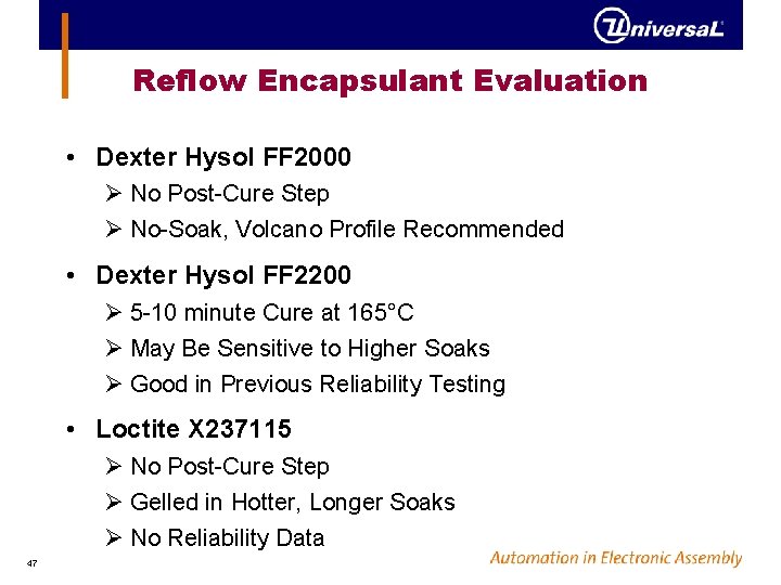 Reflow Encapsulant Evaluation • Dexter Hysol FF 2000 Ø No Post-Cure Step Ø No-Soak,