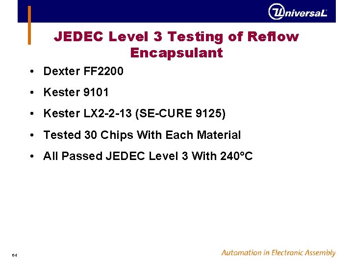 JEDEC Level 3 Testing of Reflow Encapsulant • Dexter FF 2200 • Kester 9101