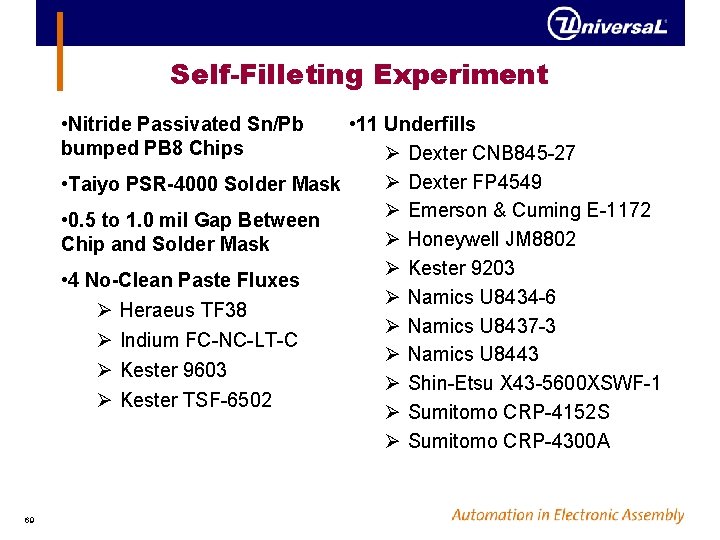 Self-Filleting Experiment • Nitride Passivated Sn/Pb bumped PB 8 Chips • 11 Underfills Ø