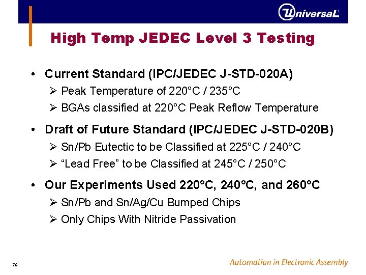 High Temp JEDEC Level 3 Testing • Current Standard (IPC/JEDEC J-STD-020 A) Ø Peak