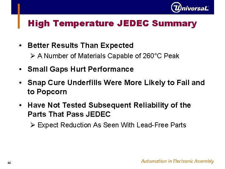 High Temperature JEDEC Summary • Better Results Than Expected Ø A Number of Materials