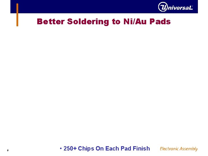 Better Soldering to Ni/Au Pads 9 • 250+ Chips On Each Pad Finish 