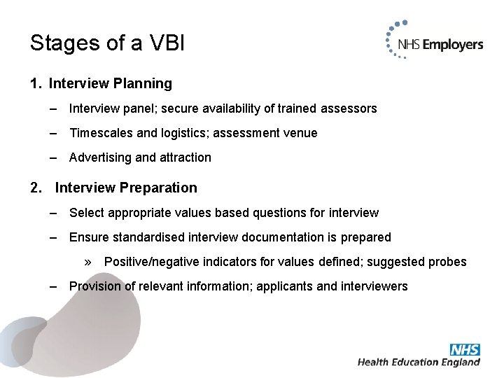 Stages of a VBI 1. Interview Planning – Interview panel; secure availability of trained