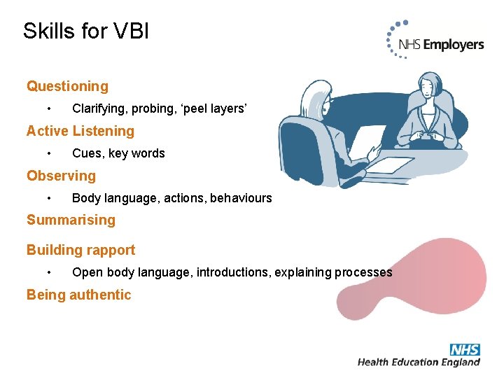 Skills for VBI Questioning • Clarifying, probing, ‘peel layers’ Active Listening • Cues, key