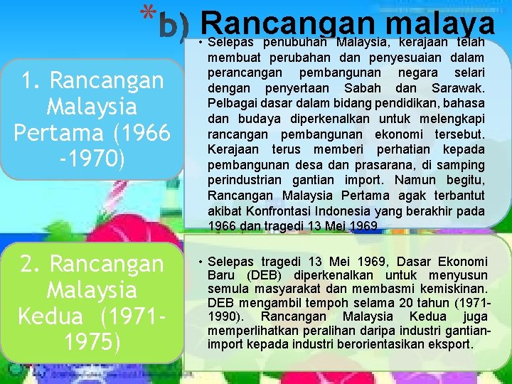 * 1. Rancangan Malaysia Pertama (1966 -1970) 2. Rancangan Malaysia Kedua (19711975) Rancangan malaya