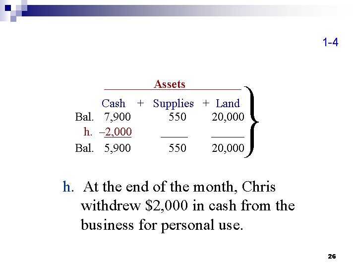 1 -4 Assets Cash + Supplies + Land Bal. 7, 900 550 20, 000