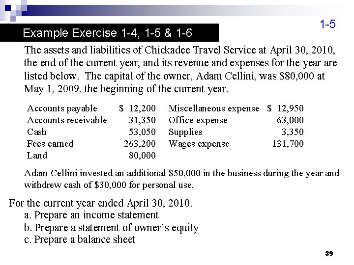Example Exercise 1 -4, 1 -5 & 1 -6 1 -5 The assets and
