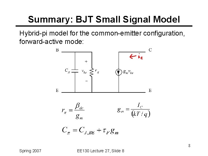 Summary: BJT Small Signal Model Hybrid-pi model for the common-emitter configuration, forward-active mode: 8
