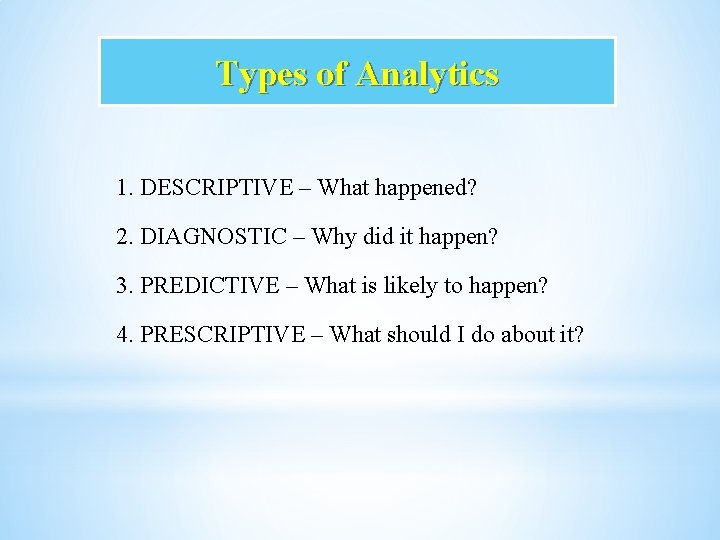 Types of Analytics 1. DESCRIPTIVE – What happened? 2. DIAGNOSTIC – Why did it